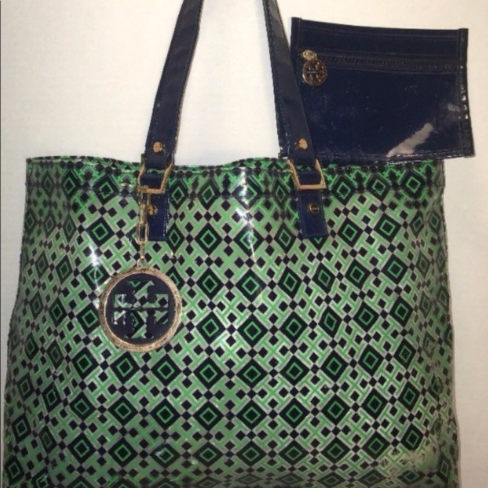 Tory Burch. Clear green blue plastic tote shopper